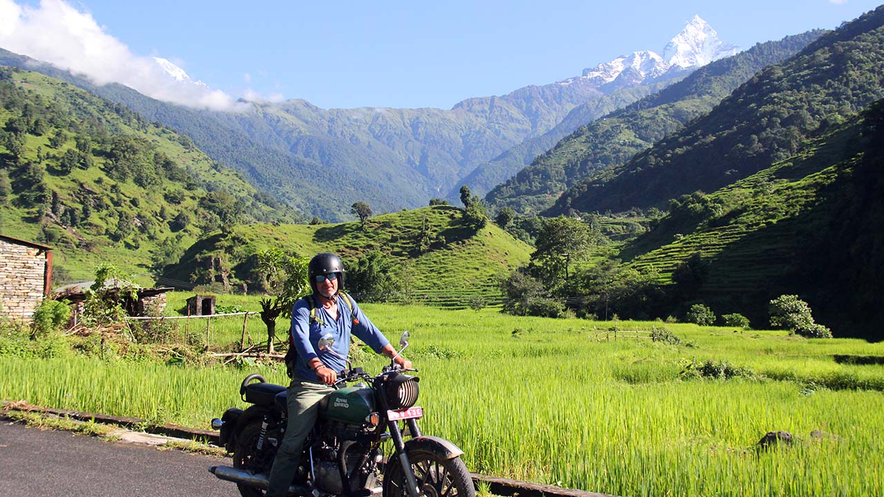 Motor bike day tour in Pokhara, Nepal.